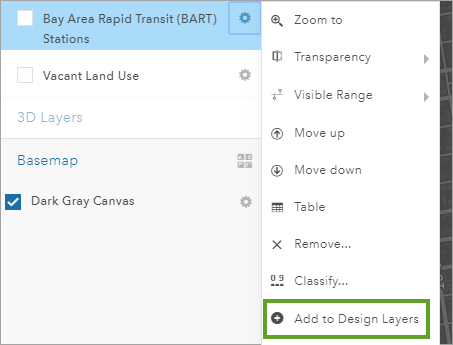 Add to Design Layers menu option Add to Design Layers menu option